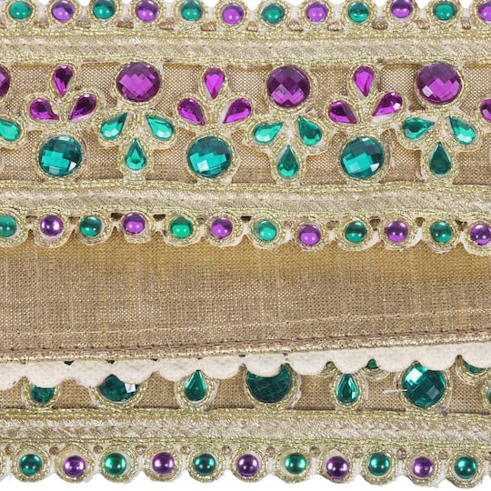 Vickerman 2.5" x 5yd. Gold Metallic Wired Ribbon with Purple & Green Mardi Gras Jewels